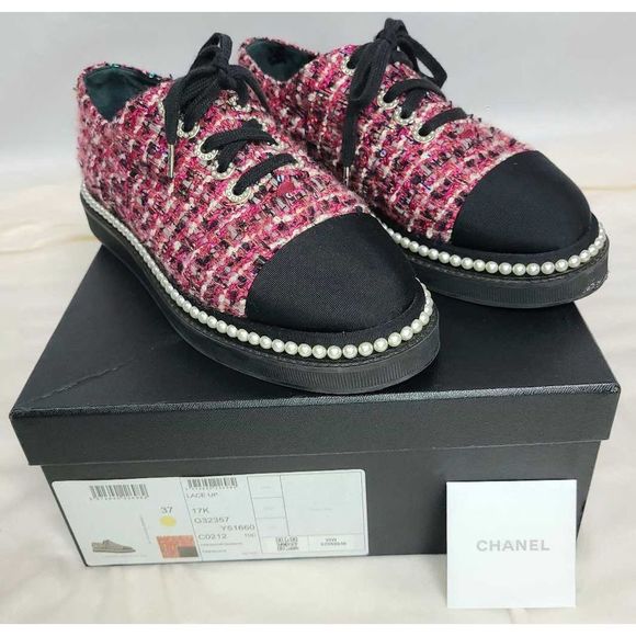 Authentic Chanel Lace Up  Pink and Black Tweed Pearl "CC" Logo Platform Sneakers - Picture 2 of 16